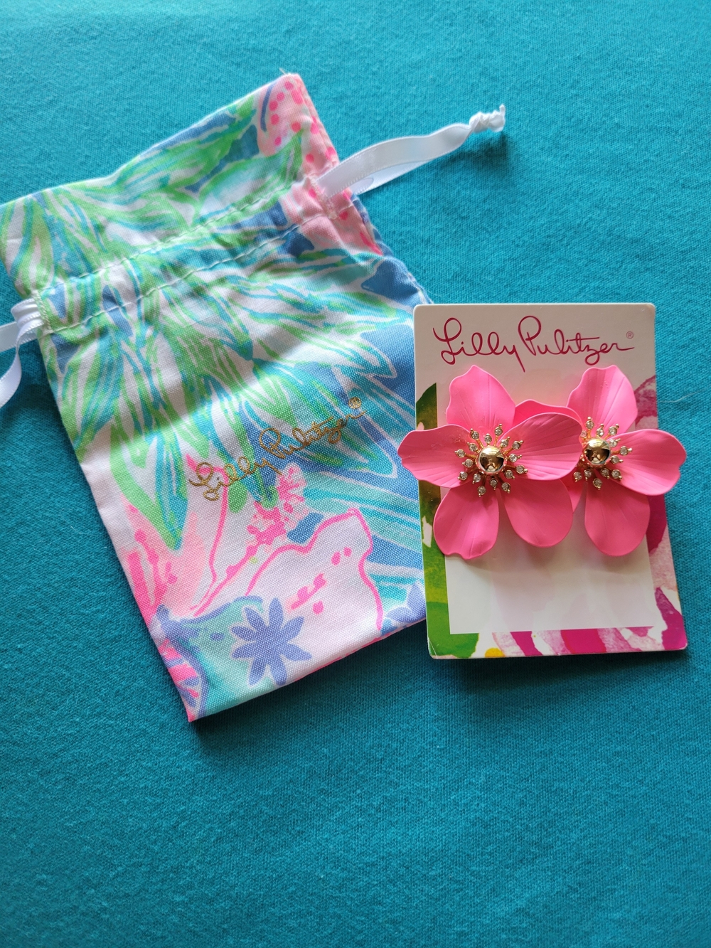 Lilly Pulitzer Hot Pink Floral Stud Earrings with Gold Accents